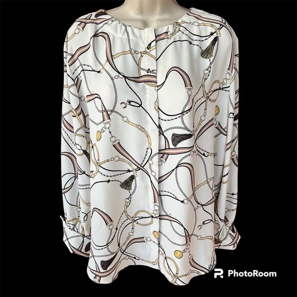 Ann Taylor Tassel Print Shirred Neck Button Front Blouse Womens XL Cream Black - Picture 2 of 10